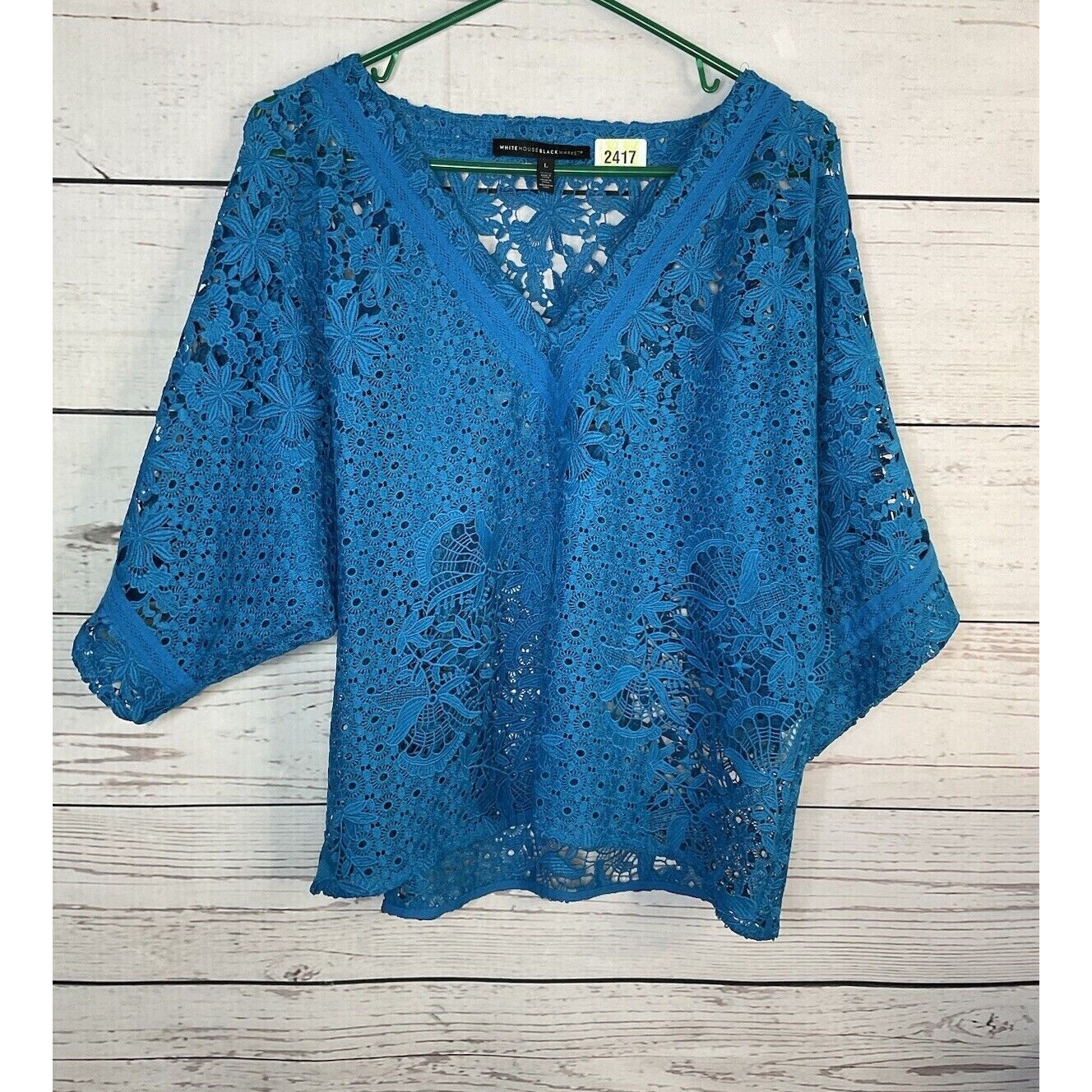 Nwot White House Black Market Women Blue 3/4 Lace Kimono Sleeve Crochet Blouse L